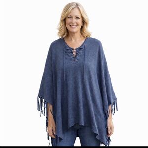 Chico's Blue Boho Knit Western Lagenlook Fringe Poncho Size O/S